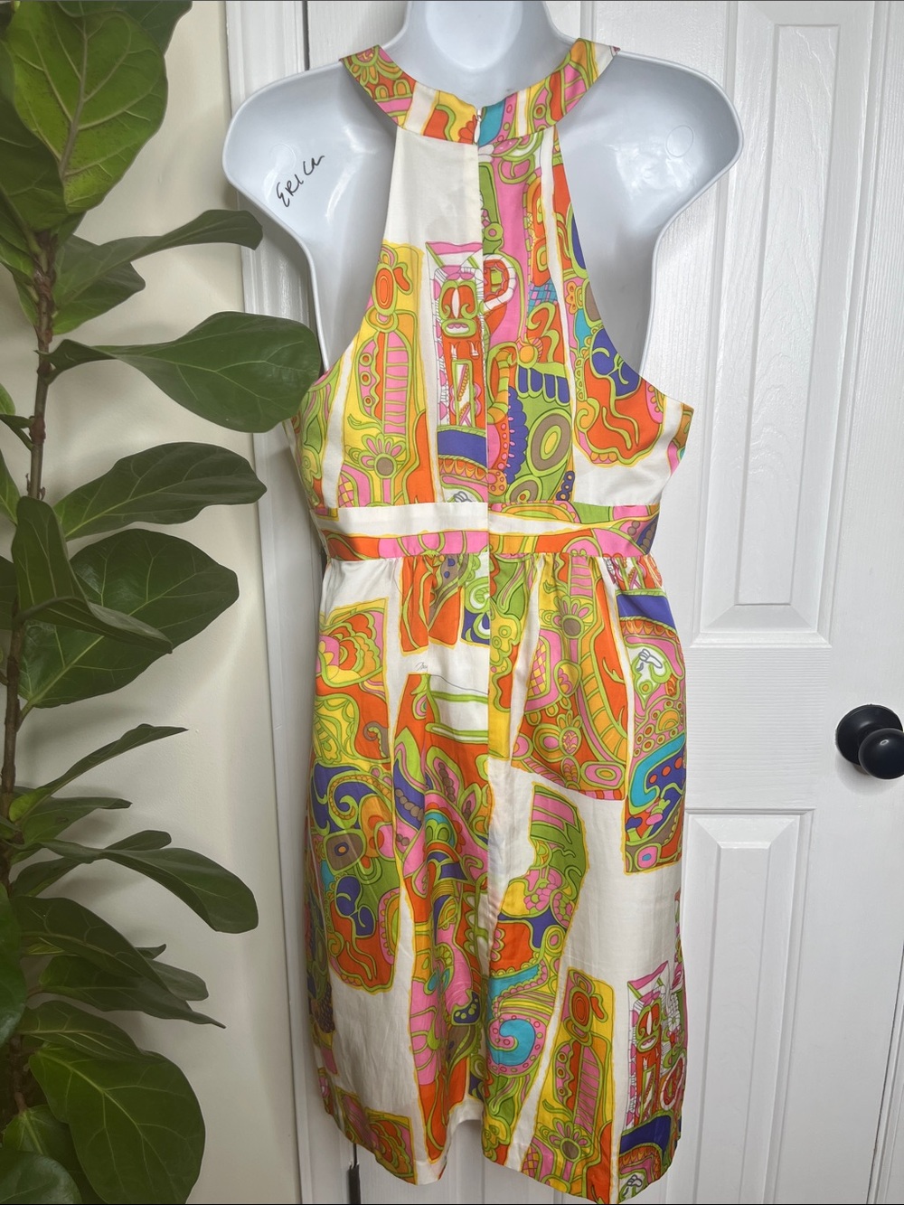 Trina Turk Silk Dress Halter Neck Psychedelic Mod Floral Size 8 - Picture 3 of 11
